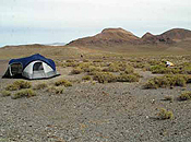 Two tents are separated by sand and sage along the desert floor.