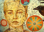 A wheel-of-fortune spins beside a large-scale mural of human female and bird heads.