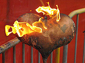 A shroud of flame dances around a copper-colored heart, about the size of a cantalope.