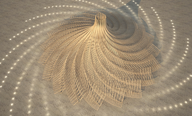 Galaxia, the 2018 Temple, by Mamou-Mani and WeWantToLearn. A wooden swirling building. 