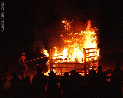 Wooden structure burning in Black Rock City