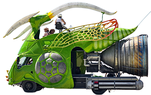 Empire mutant vehicle, a green insect front with rocket engine out the back.