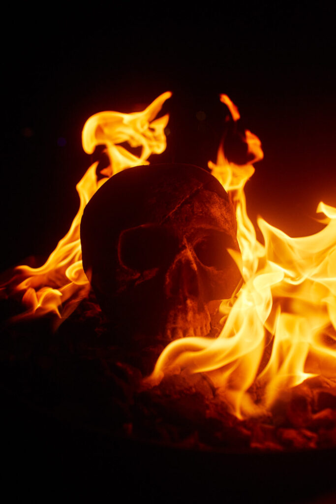 A wood fire with scull sculpture in the center.