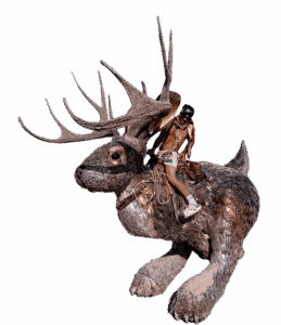Man riding a sculpture of a jackalope