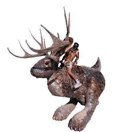 Man riding a sculpture of a jackalope