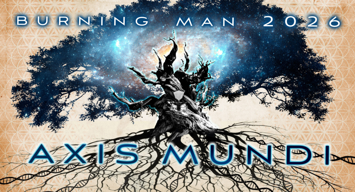 A dark tree with tendril roots and the burning man effigy torso and head coming out of the trunk. Text reads, "Burning Man 2026 Theme Axis Mundi"