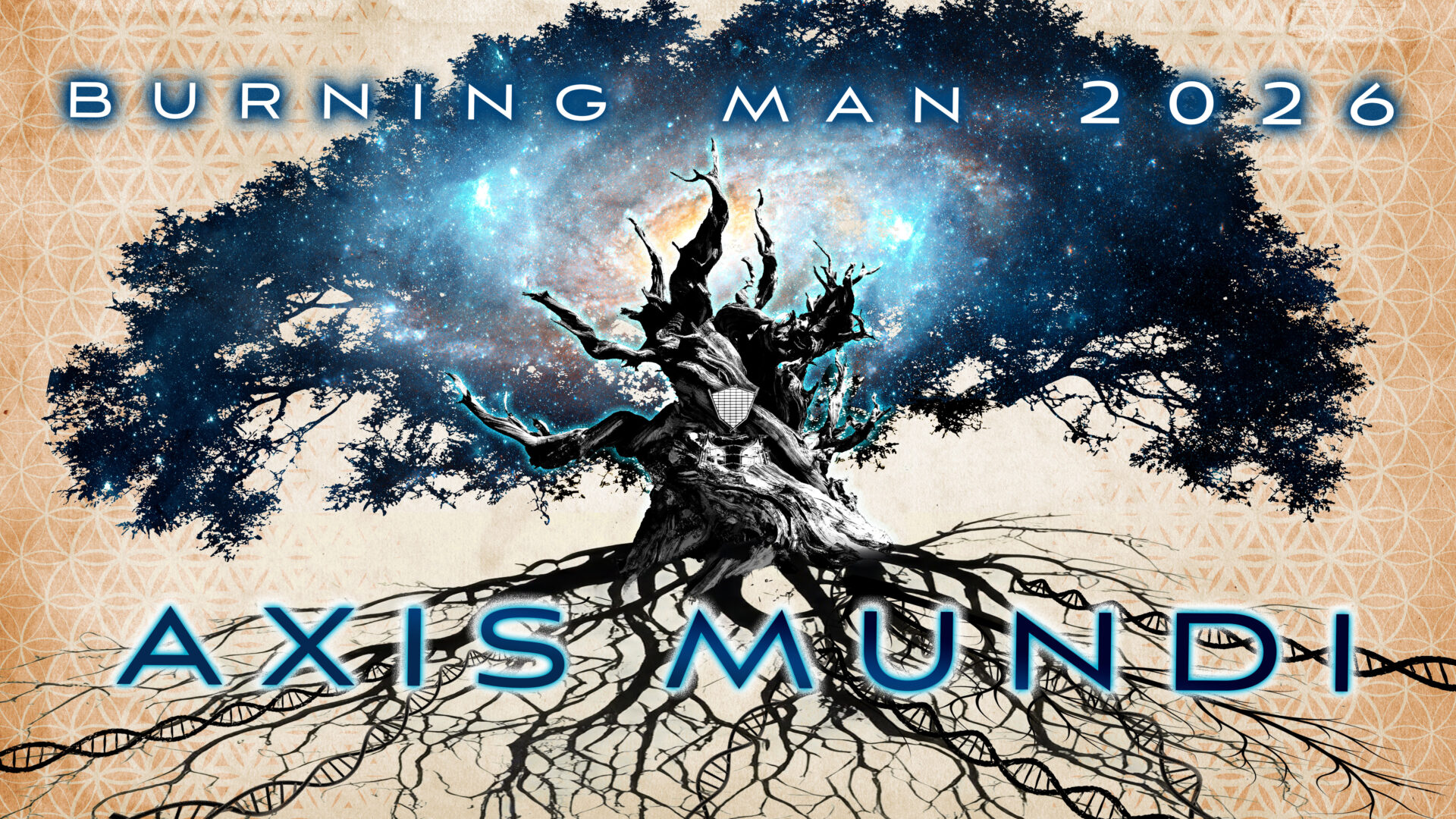 A dark tree with tendril roots and the burning man effigy torso and head coming out of the trunk. Text reads, "Burning Man 2026 Theme Axis Mundi"