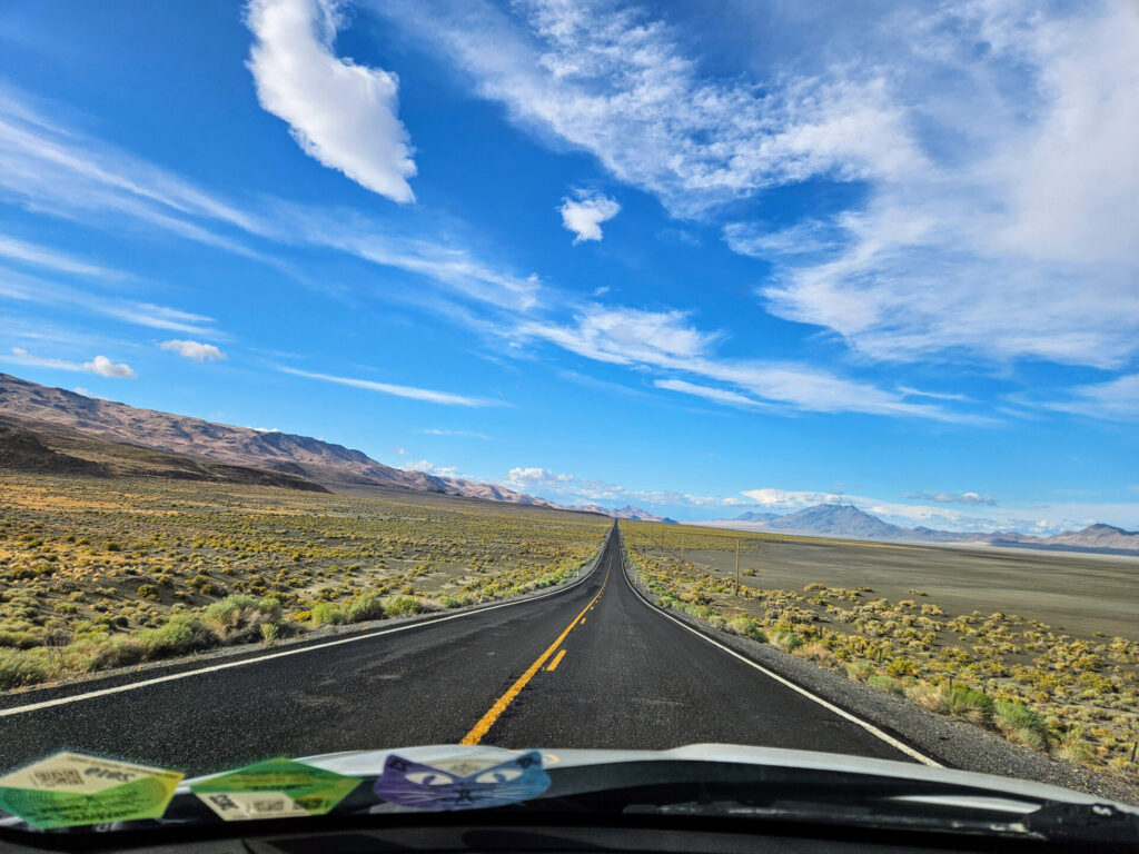 Blue skies and brush along the side of Highway 447
