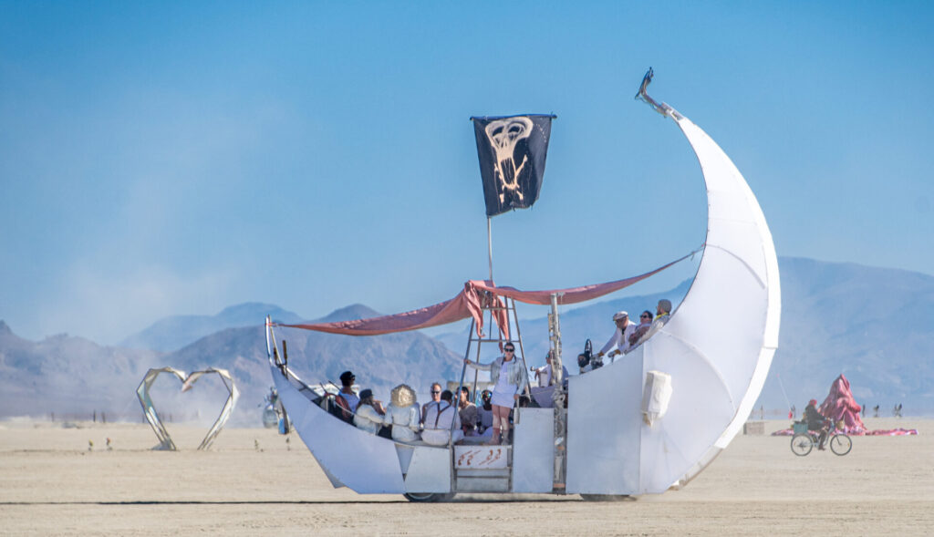Moon shaped mutant vehicle in Black Rock City