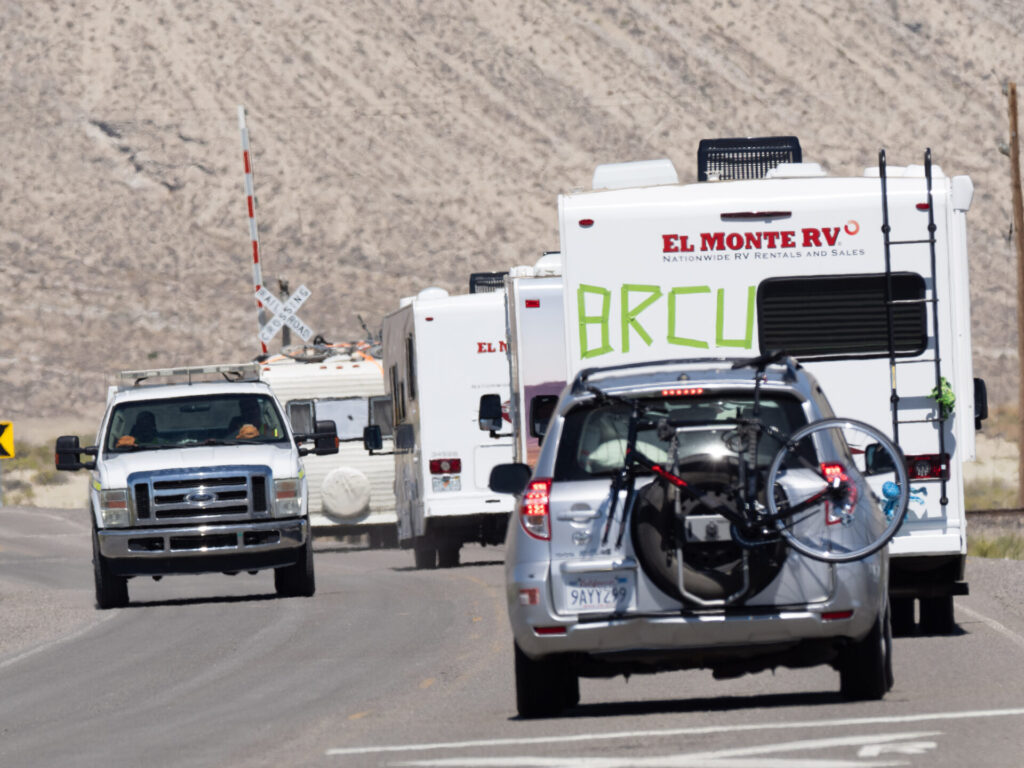 Traffic on the road to the playa. 