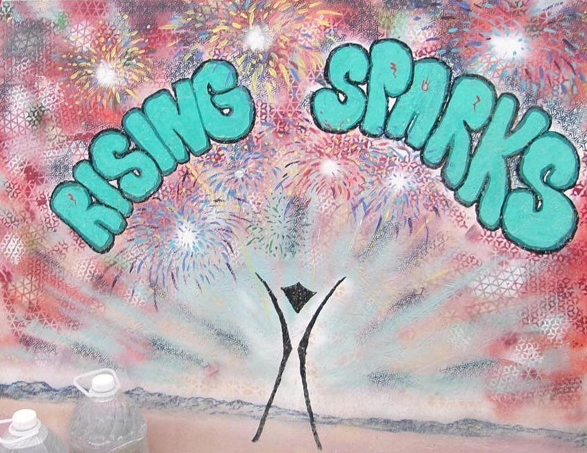 A painting of fireworks and man figure with arms raised with bubble letters spelling out "Rising Sparks"