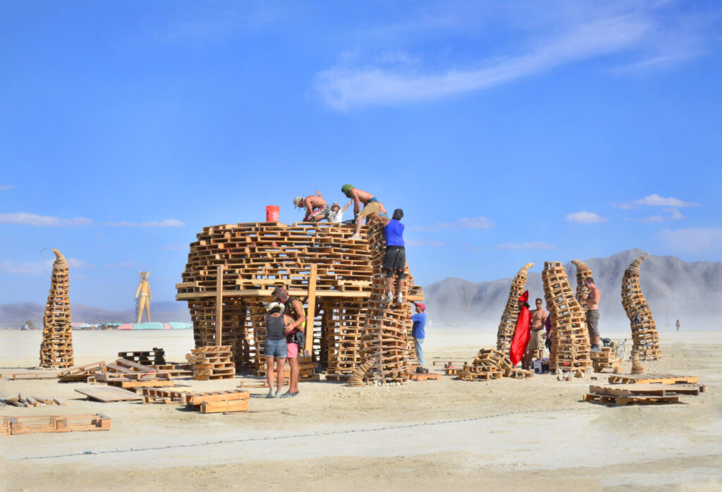 Volunteers build a two-story wood structure shaped like an octopus with tentacles emerging from the ground
