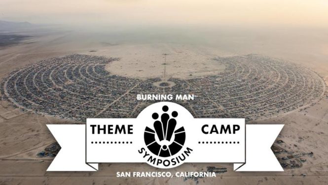 Theme Camp Symposium logo with Black Rock City in the background