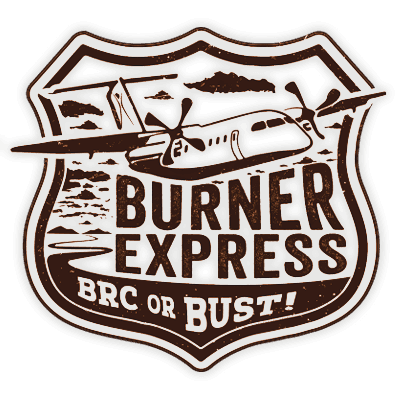 Burner Express Air logo, shield shape with plane and text Burner Express. BRC or Bust!