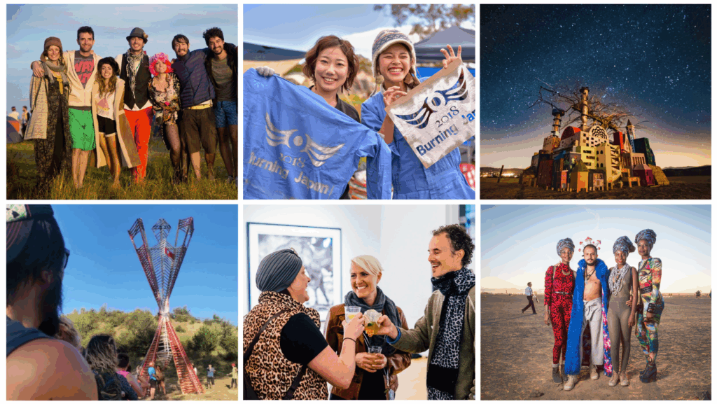 A grid of 6 photos from regional events with people smiling and sculpture in the wildreness.