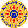Burning Man Regional Network logo, orange circle with red stick figures holding hands encircling a globe icon