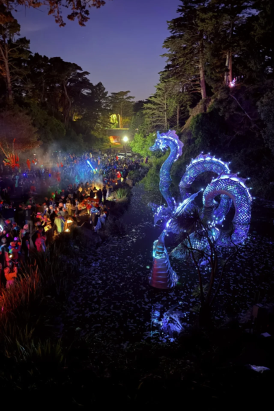 Blue lighted dragon sculpture and group of people in the woods.