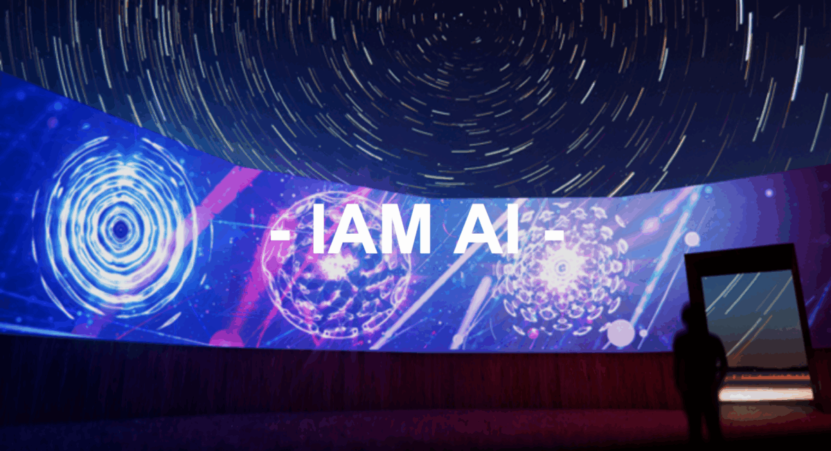 A digital wall with starburst graphics announces "I AM AI"