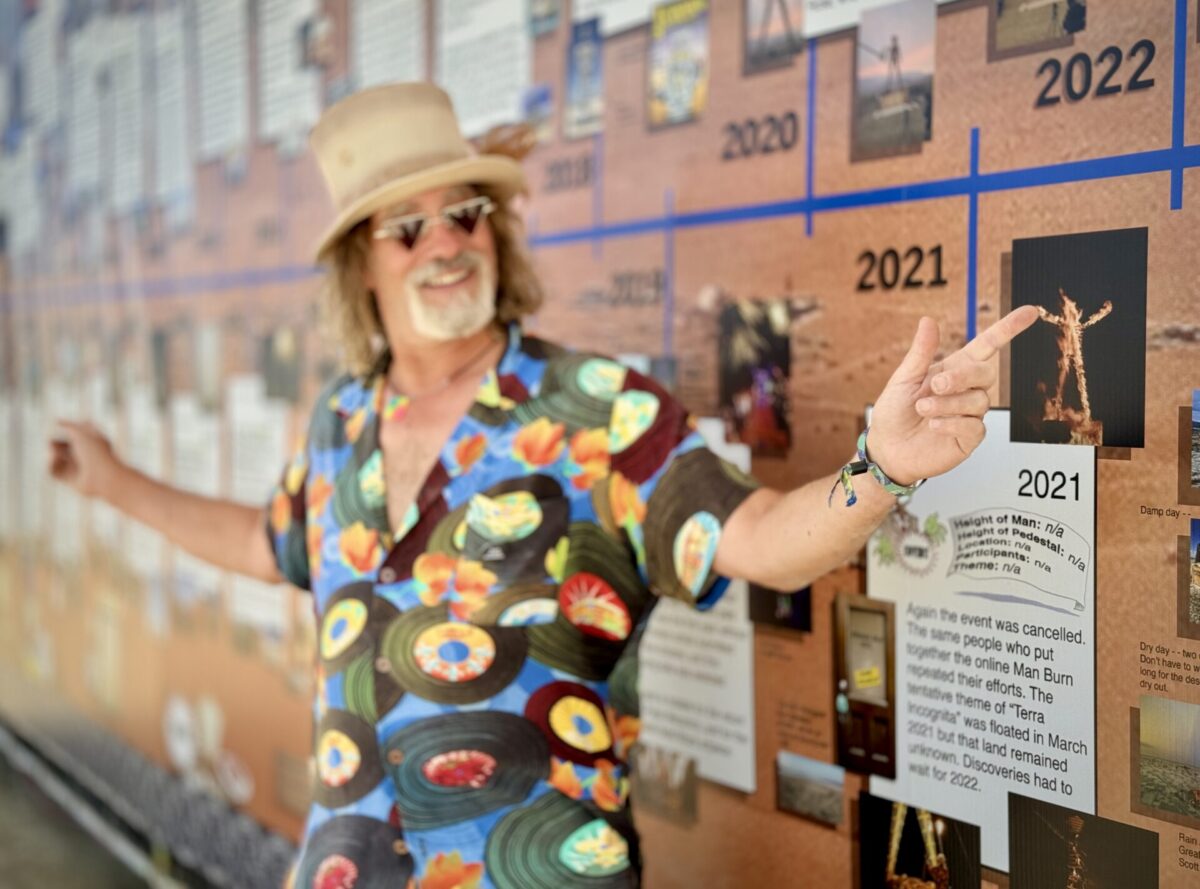 Man in colorful shirt and sunglasses points to a timeline of Burning Man art.