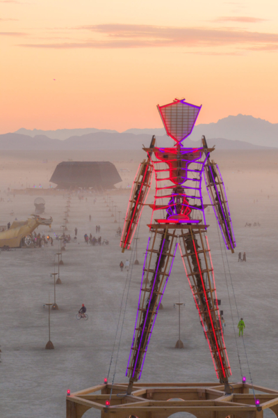 aerial view of the man effigy with temple in the background at sunrise