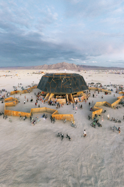 Arial view of the Temple of the Deep with build team members working.