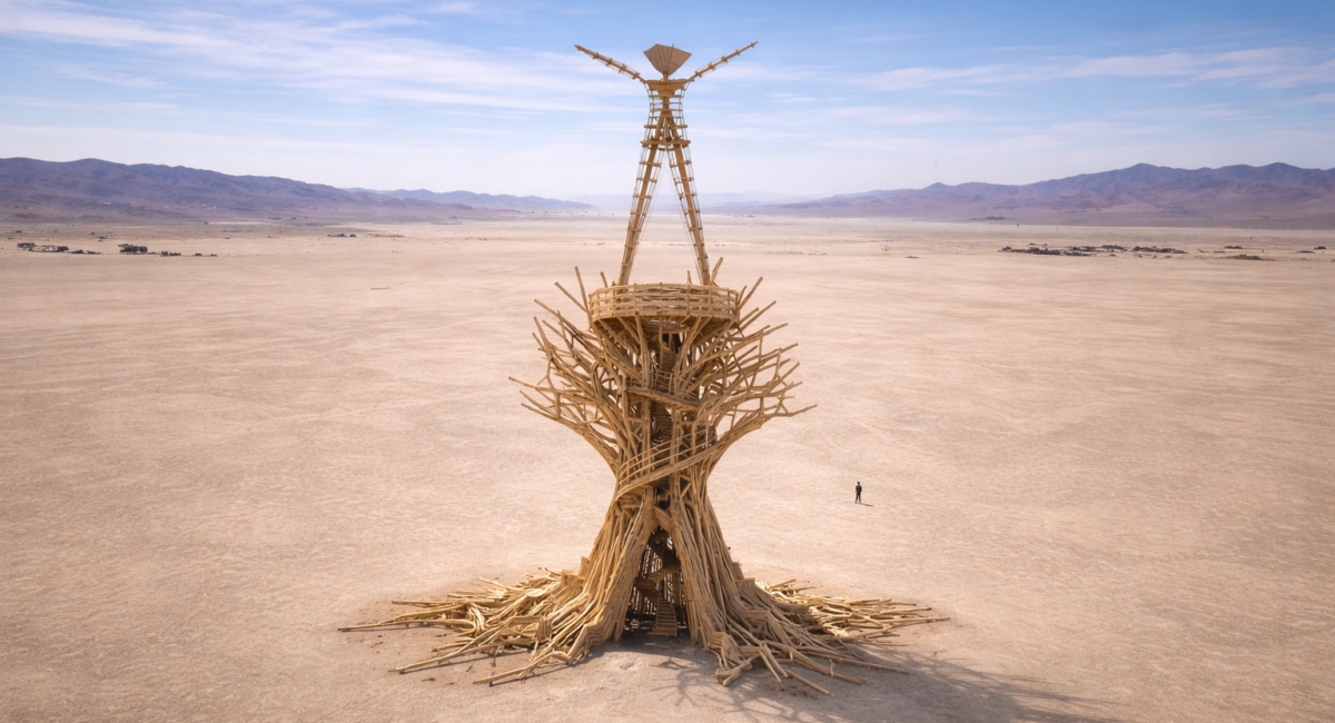 A high-angle drone photograph of the iconic Burning Man wooden effigy standing alone in the vast, flat expanse of the Black Rock Desert playa. The structure features a large, organic wooden base resembling tree roots and branches, supporting a tall neon-framed "Man" figure with arms outstretched. A single person stands on the desert floor nearby, highlighting the massive scale of the installation under a clear blue sky.