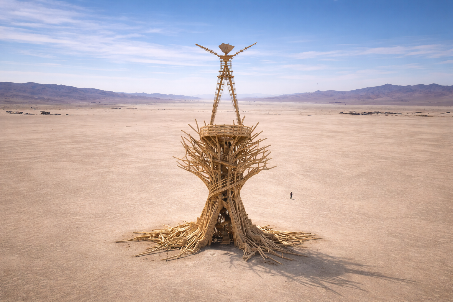 A high-angle drone photograph of the iconic Burning Man wooden effigy standing alone in the vast, flat expanse of the Black Rock Desert playa. The structure features a large, organic wooden base resembling tree roots and branches, supporting a tall neon-framed "Man" figure with arms outstretched. A single person stands on the desert floor nearby, highlighting the massive scale of the installation under a clear blue sky.
