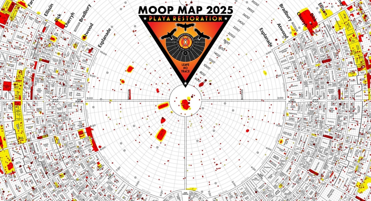 Map of Black Rock City with areas marked in red and yellow to indicate where matter our of place was found