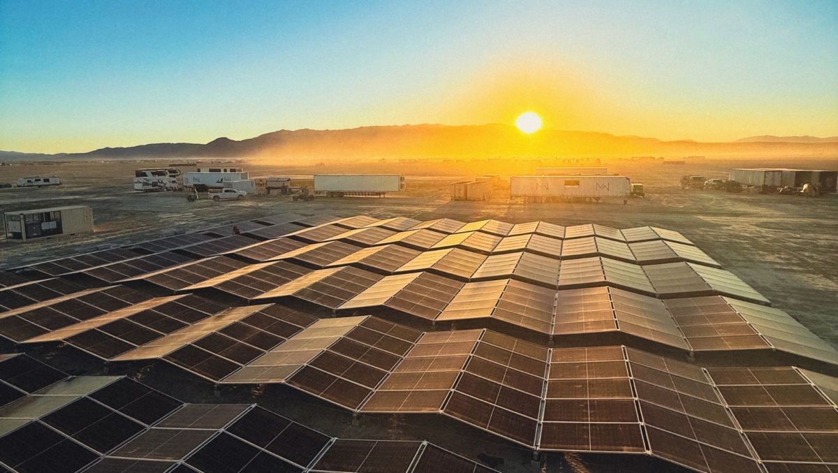 Largest solar panel array in Black Rock City at sunset built by Solar Punks