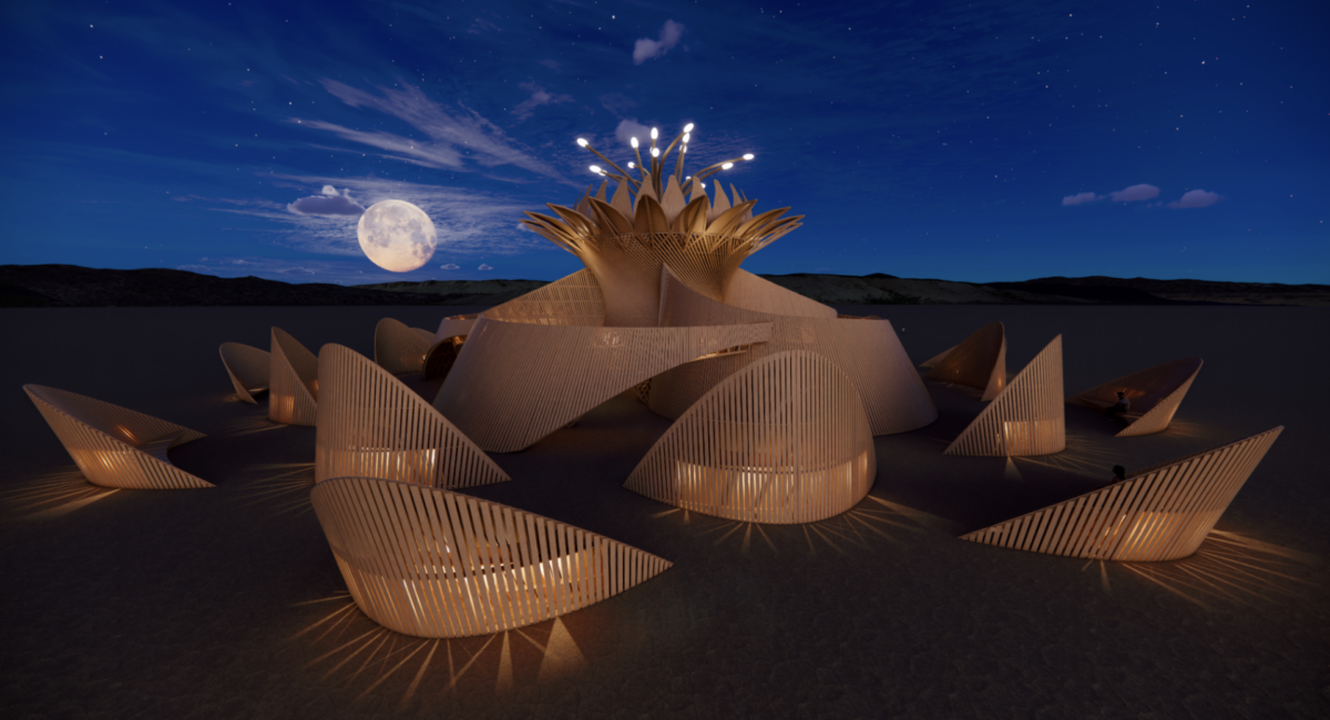 Digital design of arched semicircular walls around a central cylinder with petal-like extrusions and stamen-like protrusions with lights at each tip.at the top