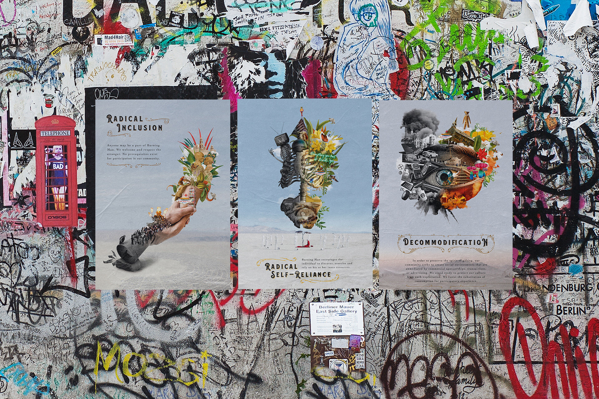 Bucky D's 10 Principles posters on graffiti wall