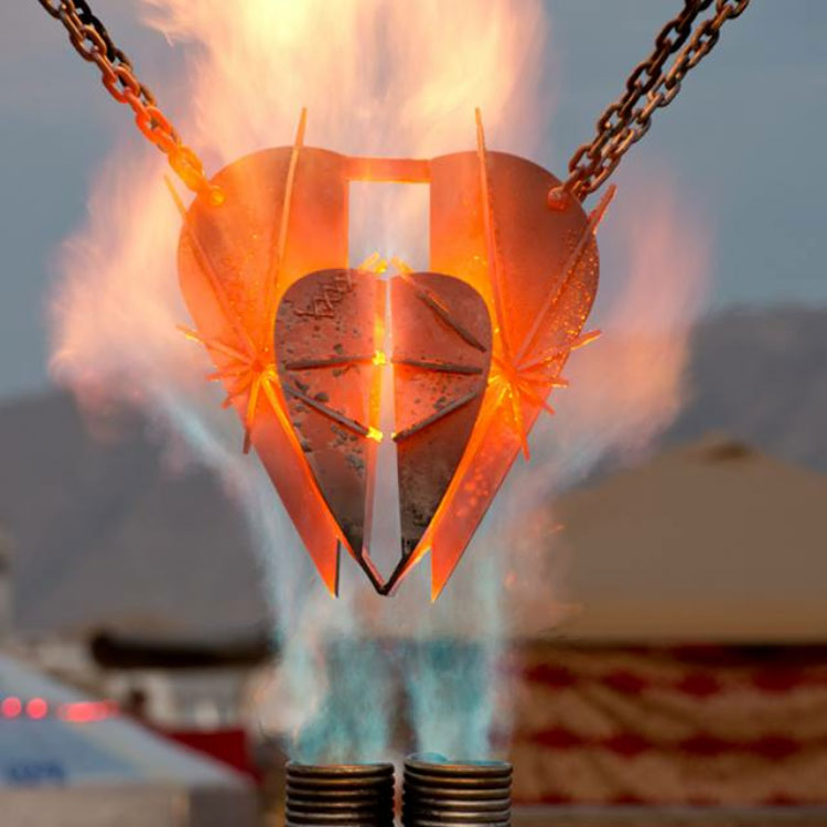 steel heart blasted with fire glows red-hot