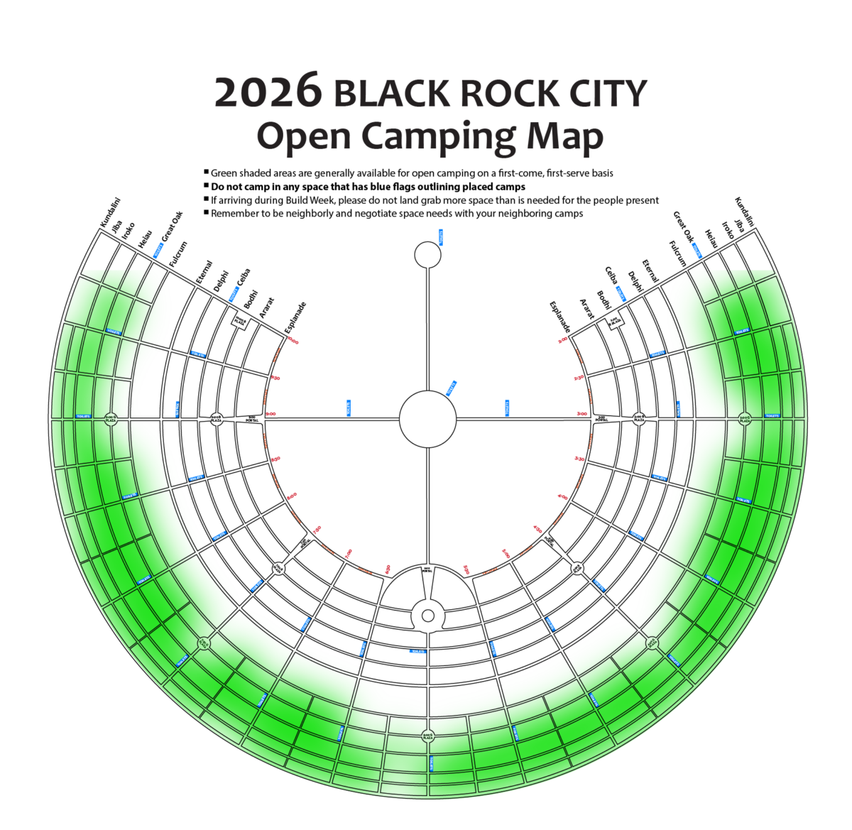 Map with highlighted areas to indicate where open camping is permitted, approximately between Fulcrum and Jiba, and between 2:30-9:30.