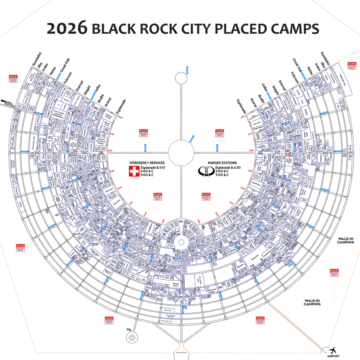 City map of Black Rock City showing placed camps. Select for a detailed PDF.