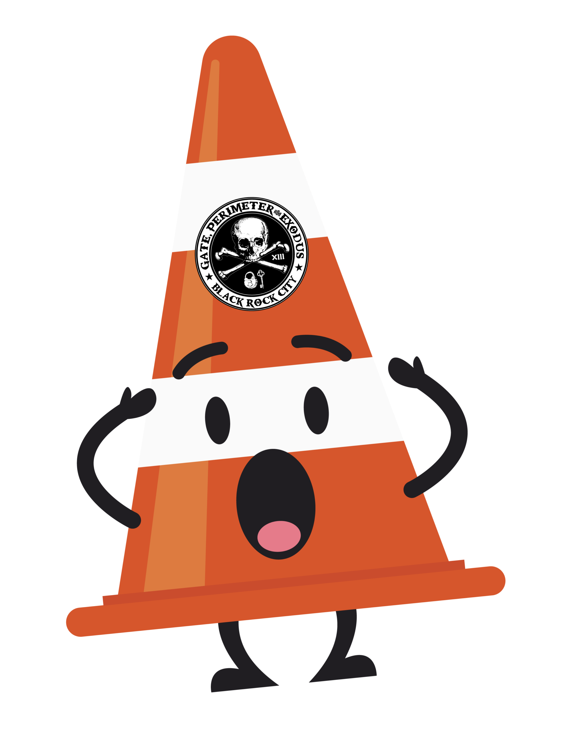 illustrated anthropomorphic traffic cone with alarmed expression