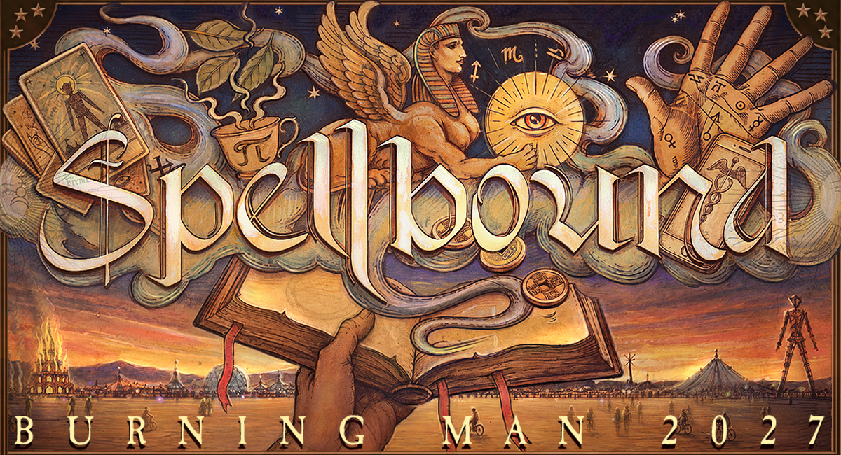 Mystical imagery in earth-tones surround a calligraphic word 'Spellbound'