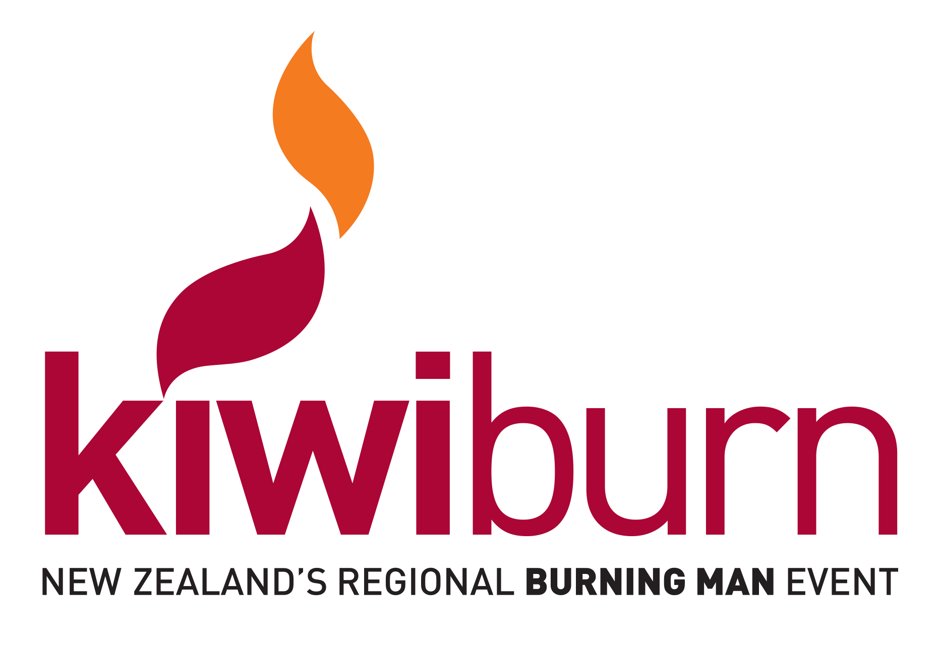 Kiwiburn word in red with stylised flames above the first i, with New Zealand's Regional Burning Man Event in black type underneath