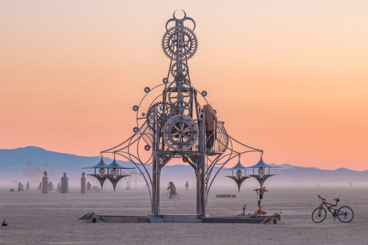 A mechanical sculpture with clock gears and graceful curves