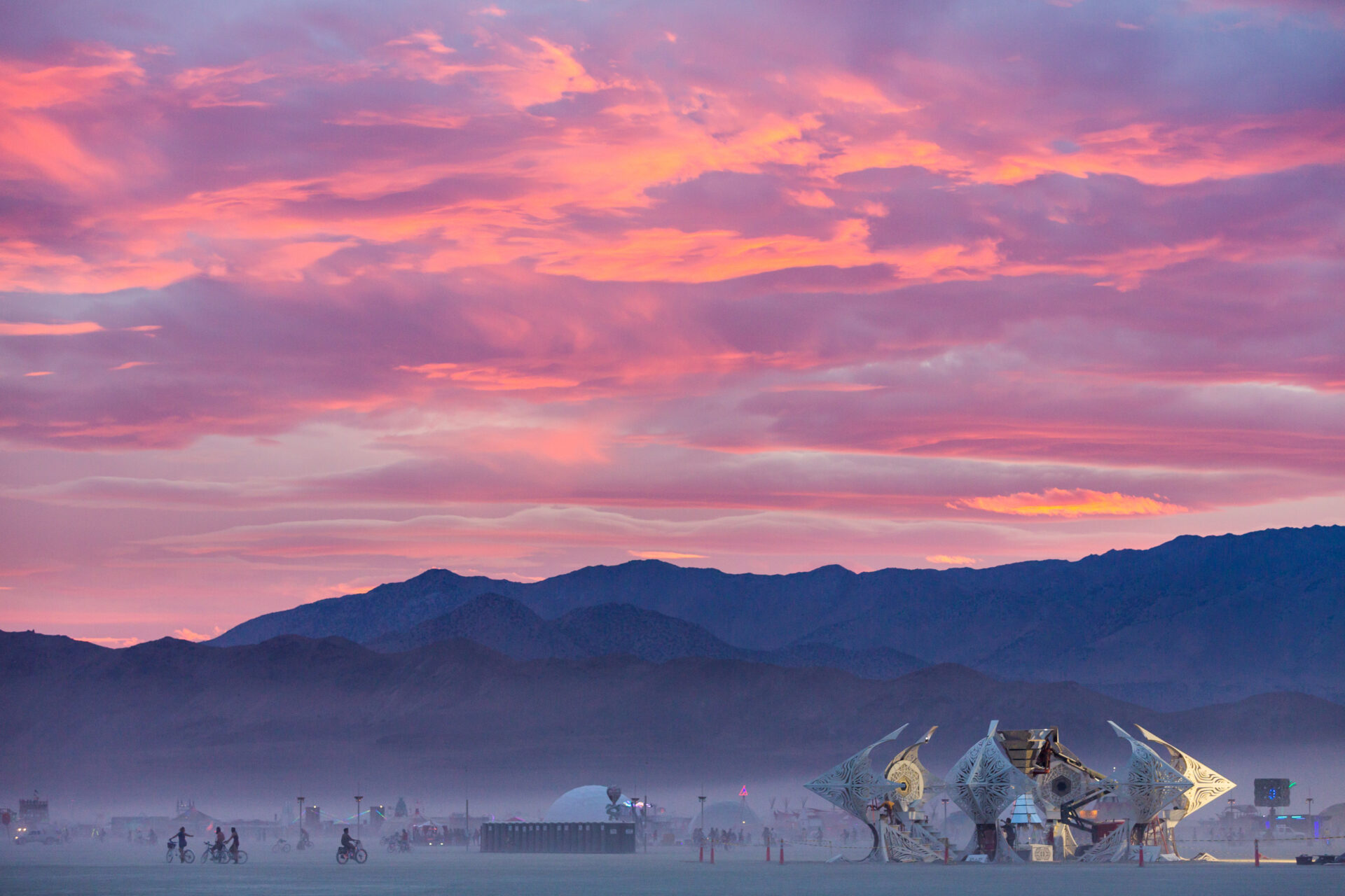 Black Rock Desert mountains as sun sets over Black Rock City.